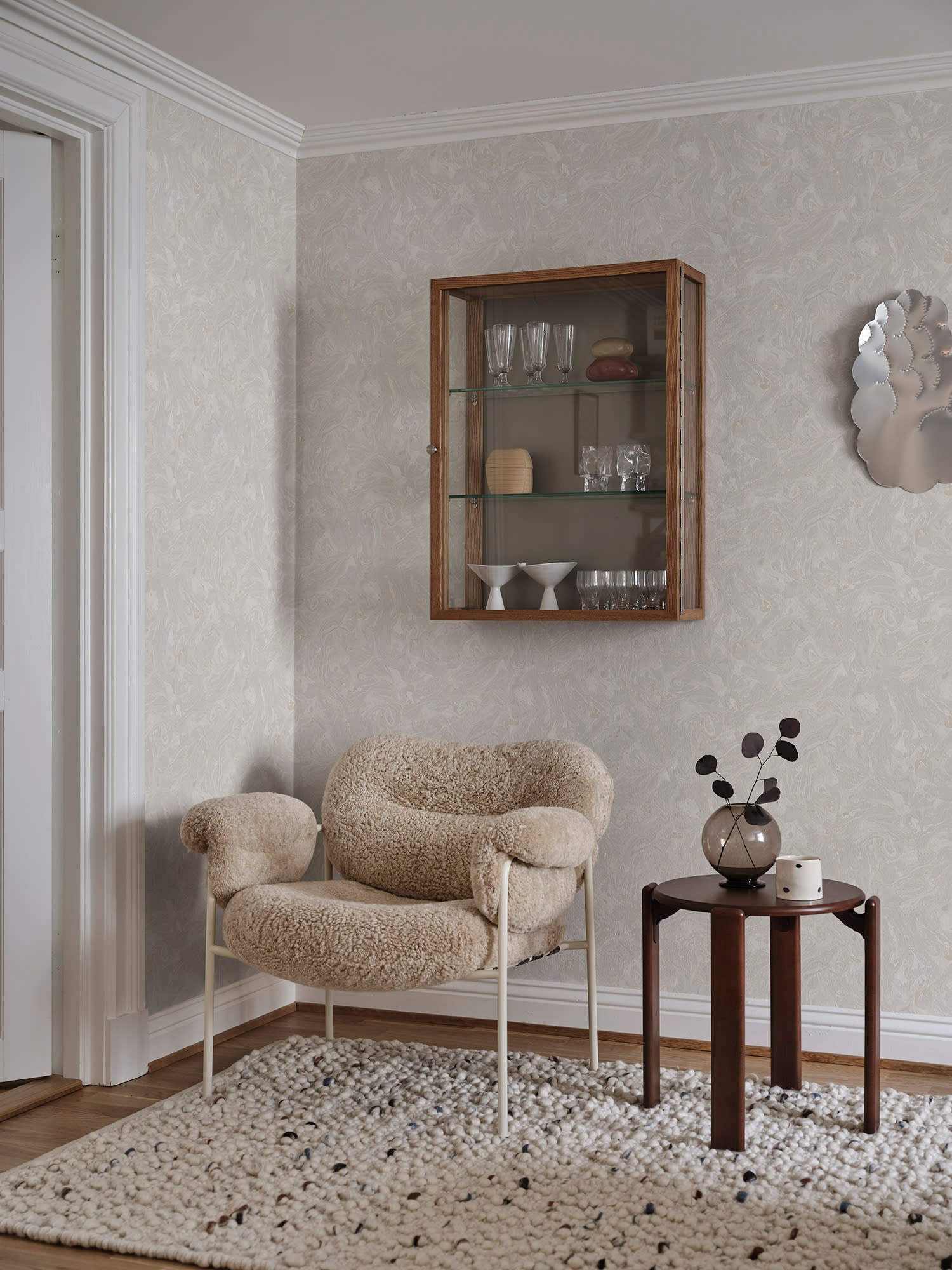 Marion wallpaper by Sandberg in Grey, styled on an interior wall