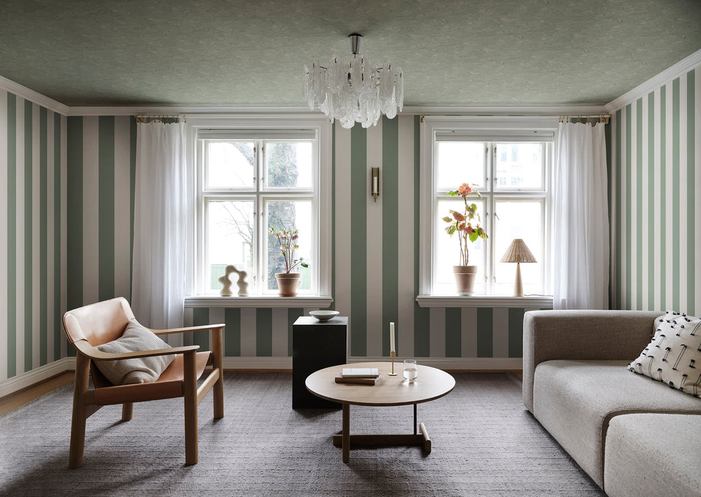 Marion wallpaper by Sandberg in Sage Green, styled on an interior wall