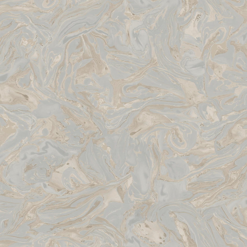 Marion wallpaper by Sandberg, close-up swatch of blue-grey and gold swirling marble pattern