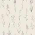 Alma wallpaper by Sandberg, watercolour wild orchid stems in lilac and green on cream, flat roll swatch