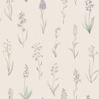 Alma wallpaper by Sandberg, watercolour wild orchid stems in lilac and green on cream, flat roll swatch