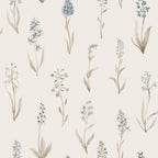 Alma wallpaper by Sandberg, watercolour wild orchid stems in soft blue and tan on cream, flat roll swatch