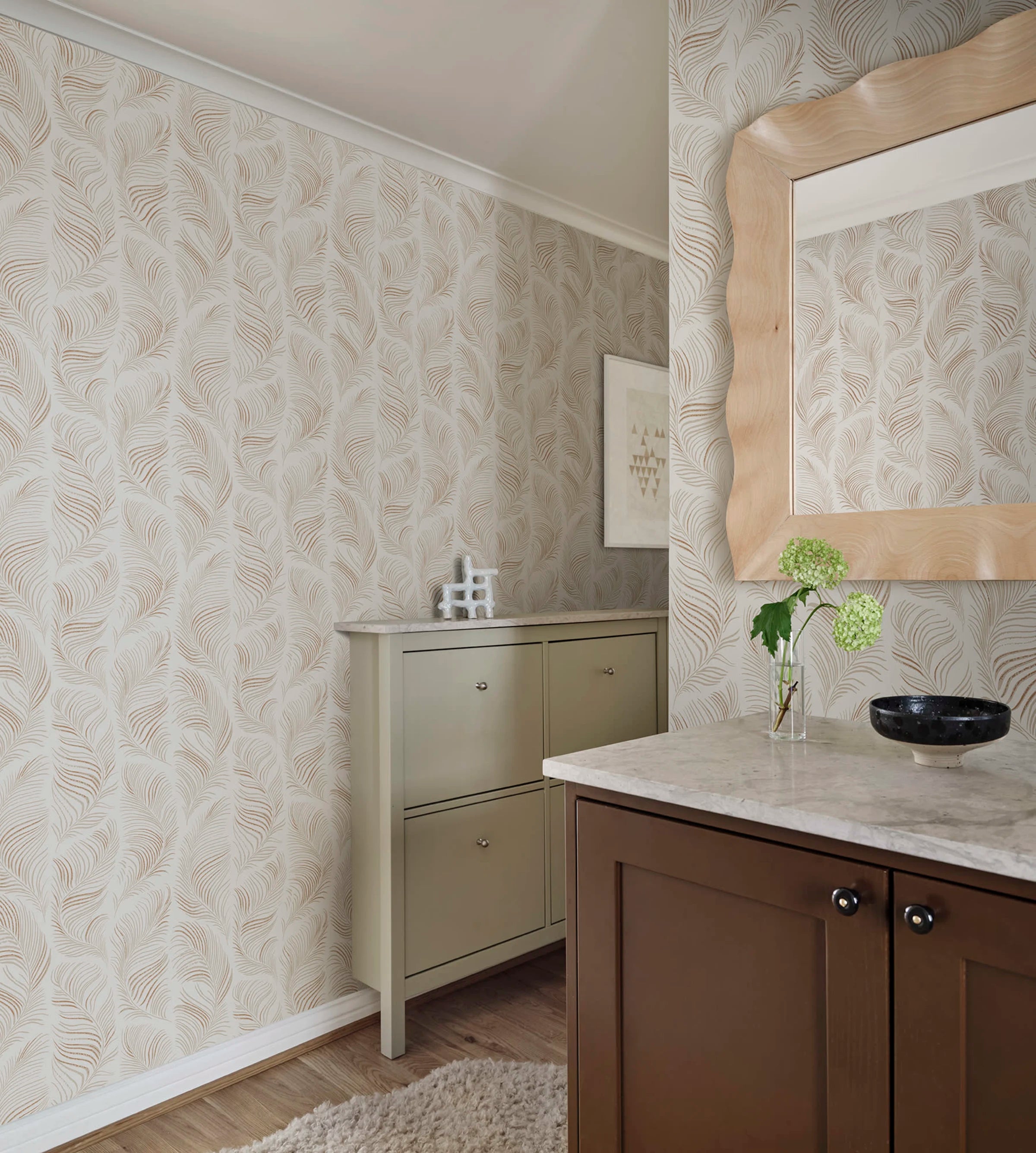 Grace wallpaper by Sandberg – Beige colourway, styled on an interior wall
