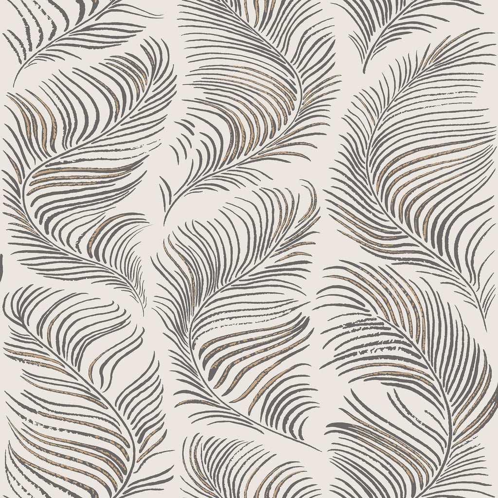 Grace wallpaper by Sandberg, flowing feather-like plumes in charcoal and gold on cream, flat roll swatch