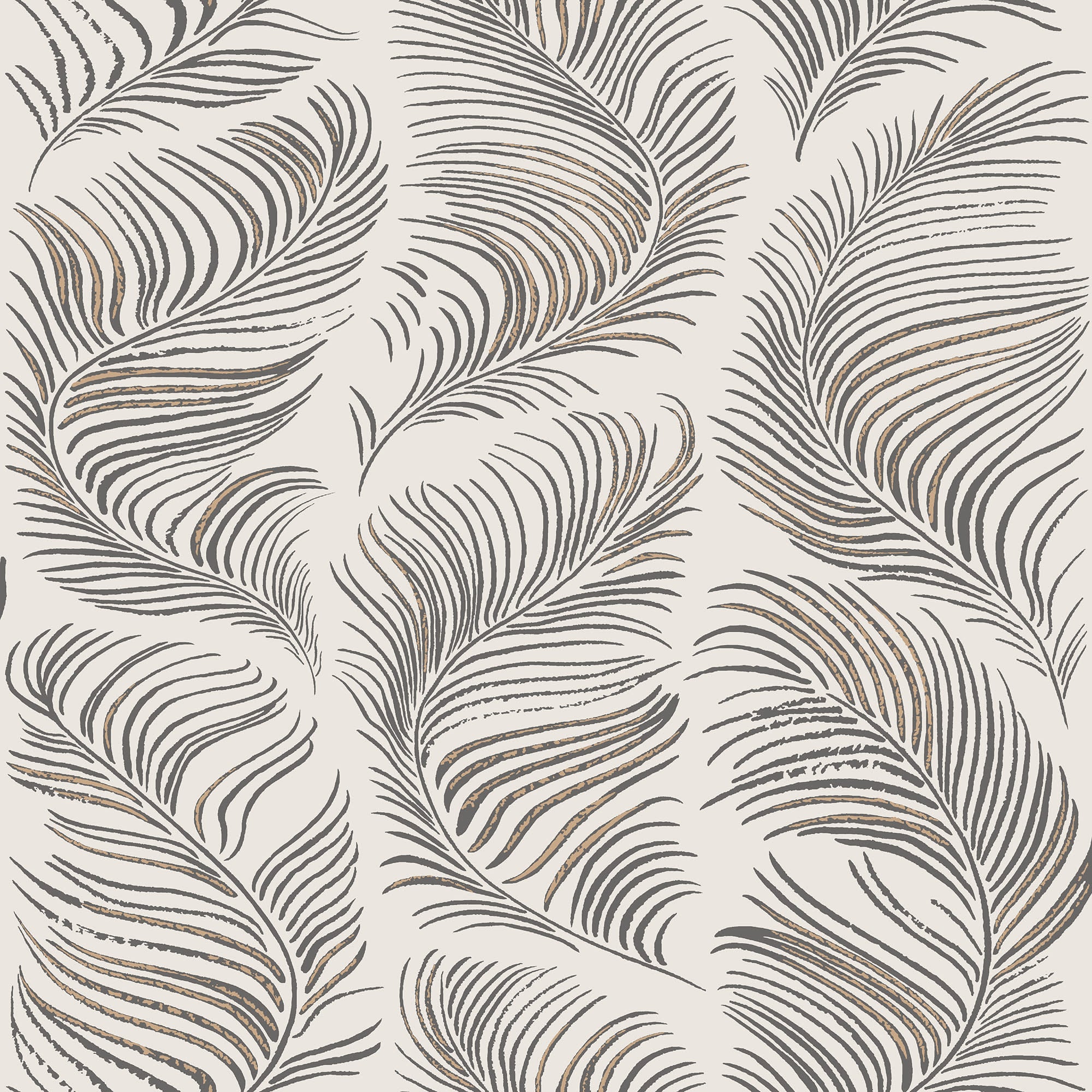 Grace wallpaper by Sandberg, flowing feather-like plumes in charcoal and gold on cream, flat roll swatch