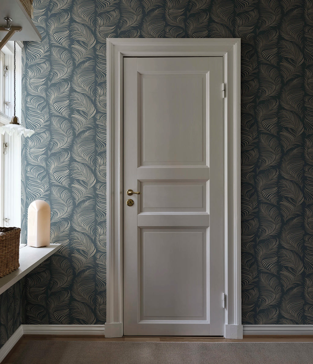 Grace wallpaper by Sandberg – Blue – Midnight Blue colourway, styled on an interior wall