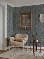 Grace wallpaper by Sandberg – Blue – Midnight Blue colourway, styled in a second room setting