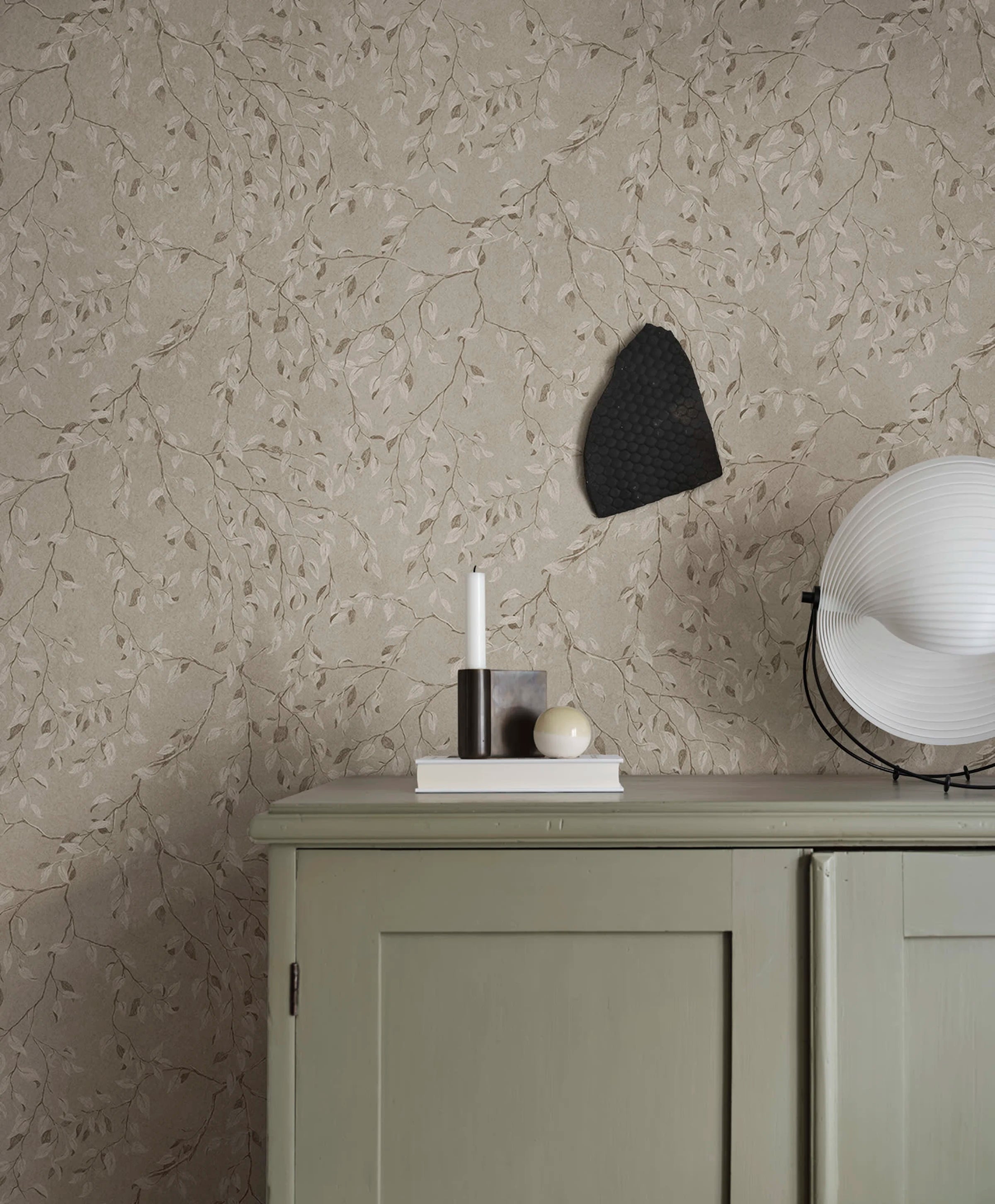 Lise wallpaper by Sandberg – Brown – Hazel colourway, styled on an interior wall