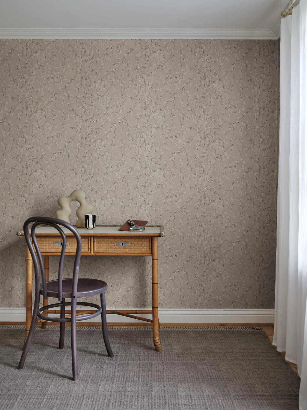 Lise wallpaper by Sandberg – Brown – Hazel colourway, styled in a second room setting