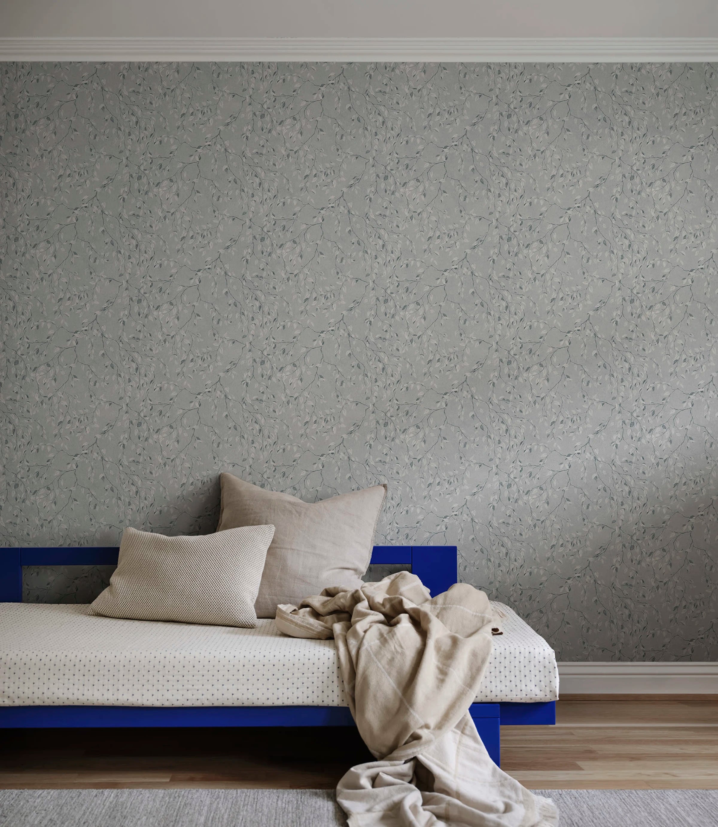 Lise wallpaper by Sandberg – Blue – Misty Blue colourway, styled on an interior wall