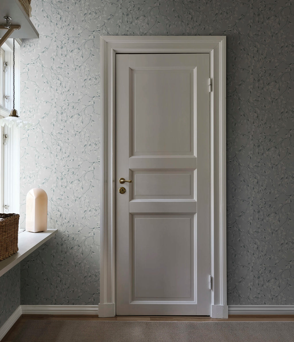 Lise wallpaper by Sandberg – Blue – Misty Blue colourway, styled in a second room setting