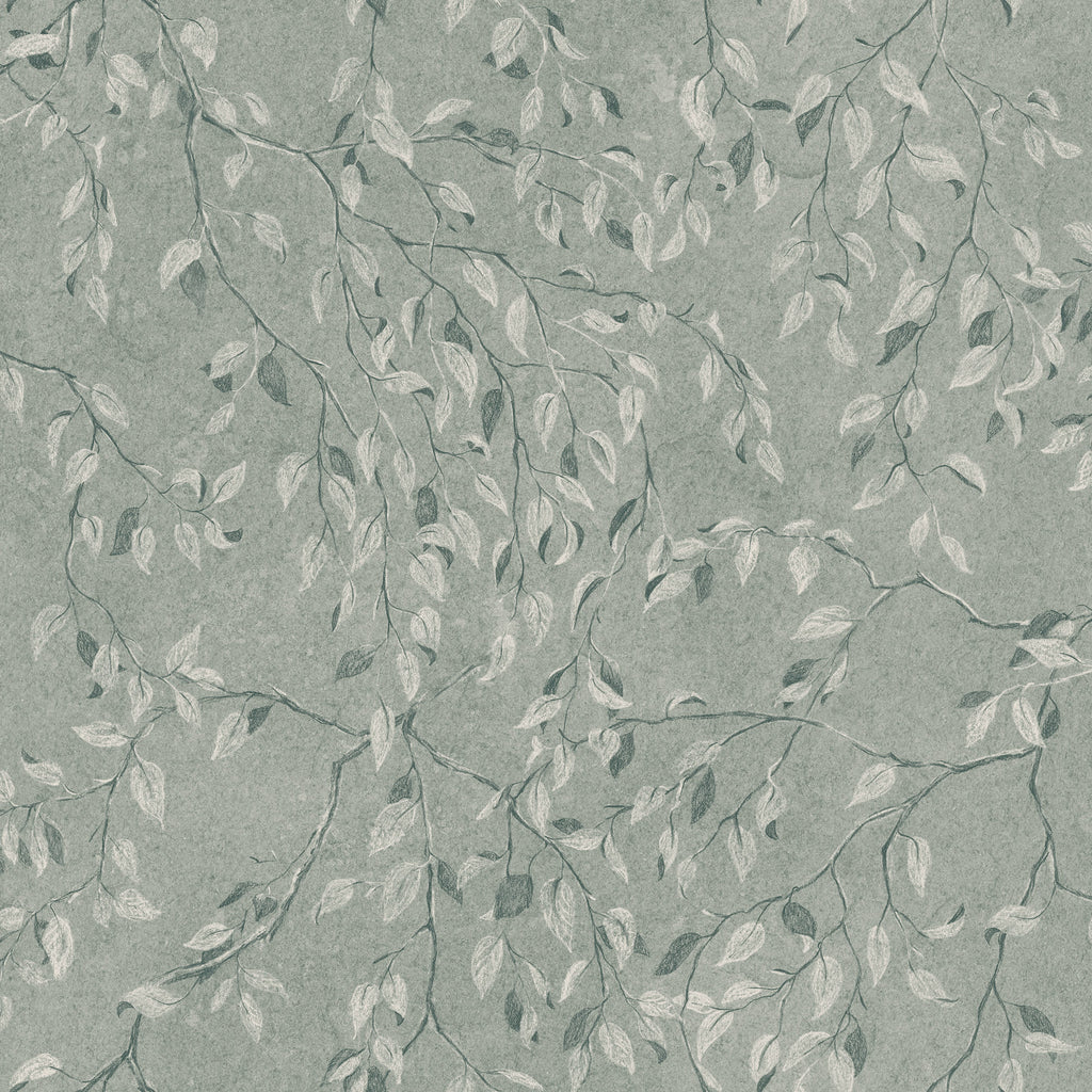 Lise wallpaper by Sandberg, delicate cascading leaf and branch design in soft sage green, flat swatch