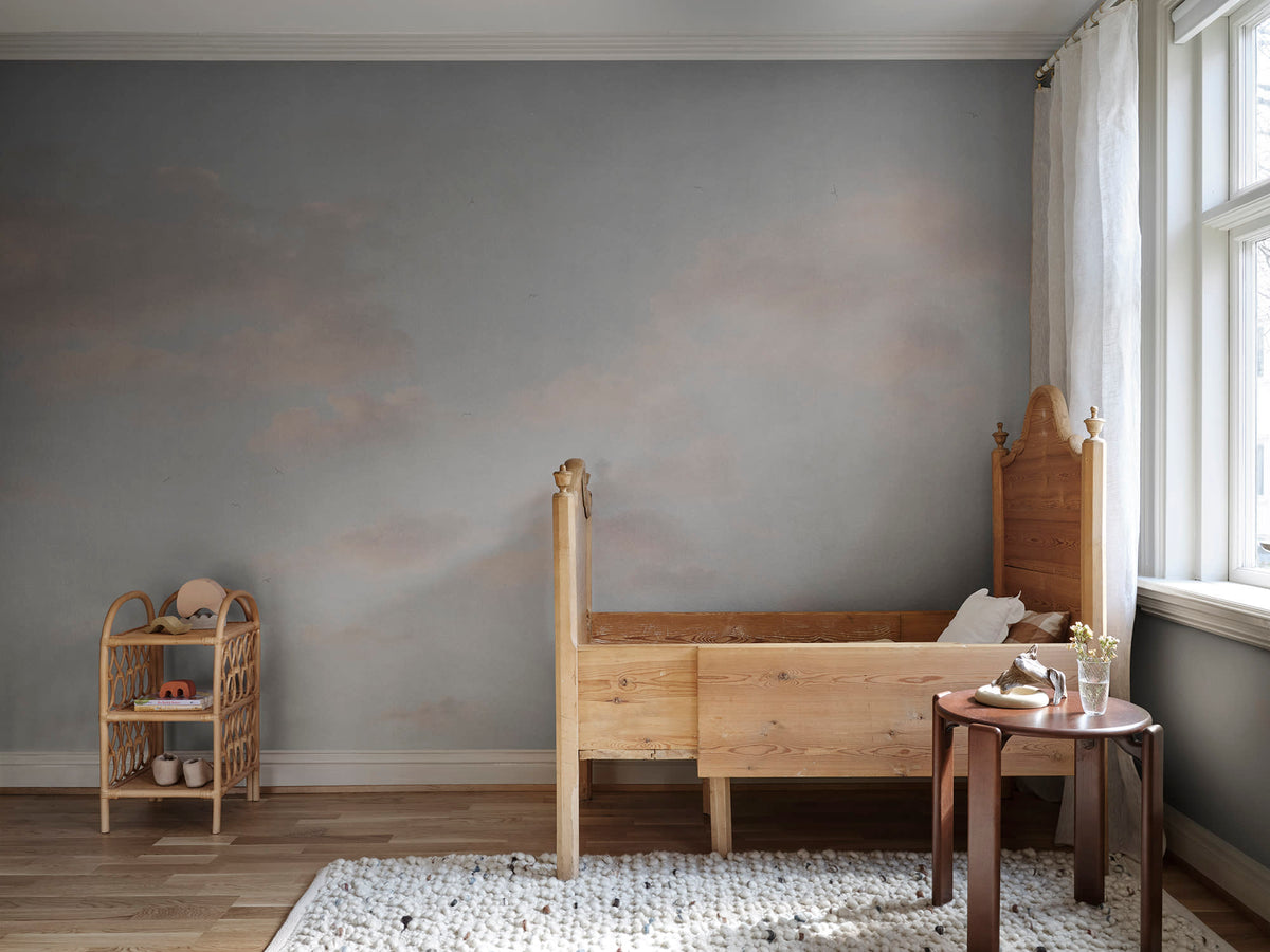 Moln wall mural by Sandberg in Misty Blue, styled on an interior wall