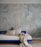 Klint wall mural by Sandberg in Misty Blue, styled on an interior wall