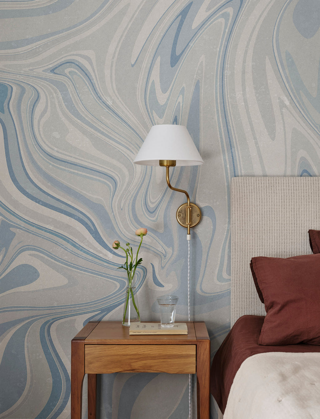 Klint wall mural by Sandberg in Misty Blue, styled in a room, view 2