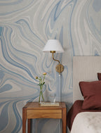 Klint wall mural by Sandberg in Misty Blue, styled in a room, view 2