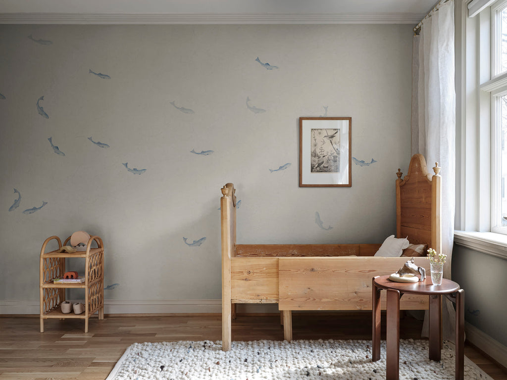 Hav wall mural by Sandberg in Misty Blue, styled on an interior wall