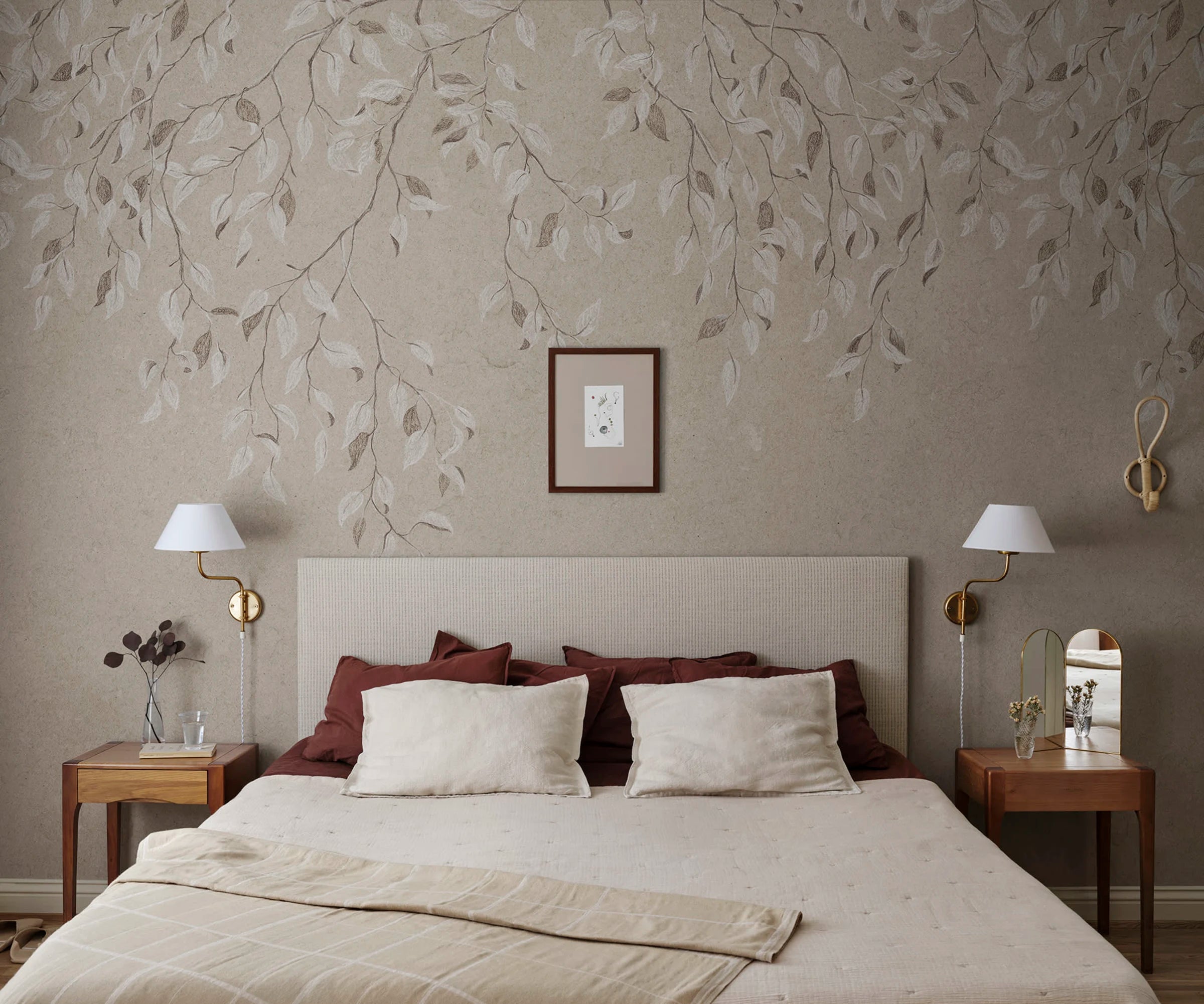 Liselund wall mural by Sandberg – botanical design, Brown – Hazel – styled in a room setting, view 2
