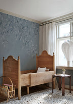 Liselund wall mural by Sandberg – botanical design, Blue – Misty Blue – styled in a room setting, view 3