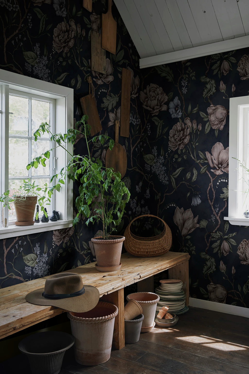 Belinda wallpaper by Sandberg – floral design, Blue – Dark Blue – styled in a room setting, view 2