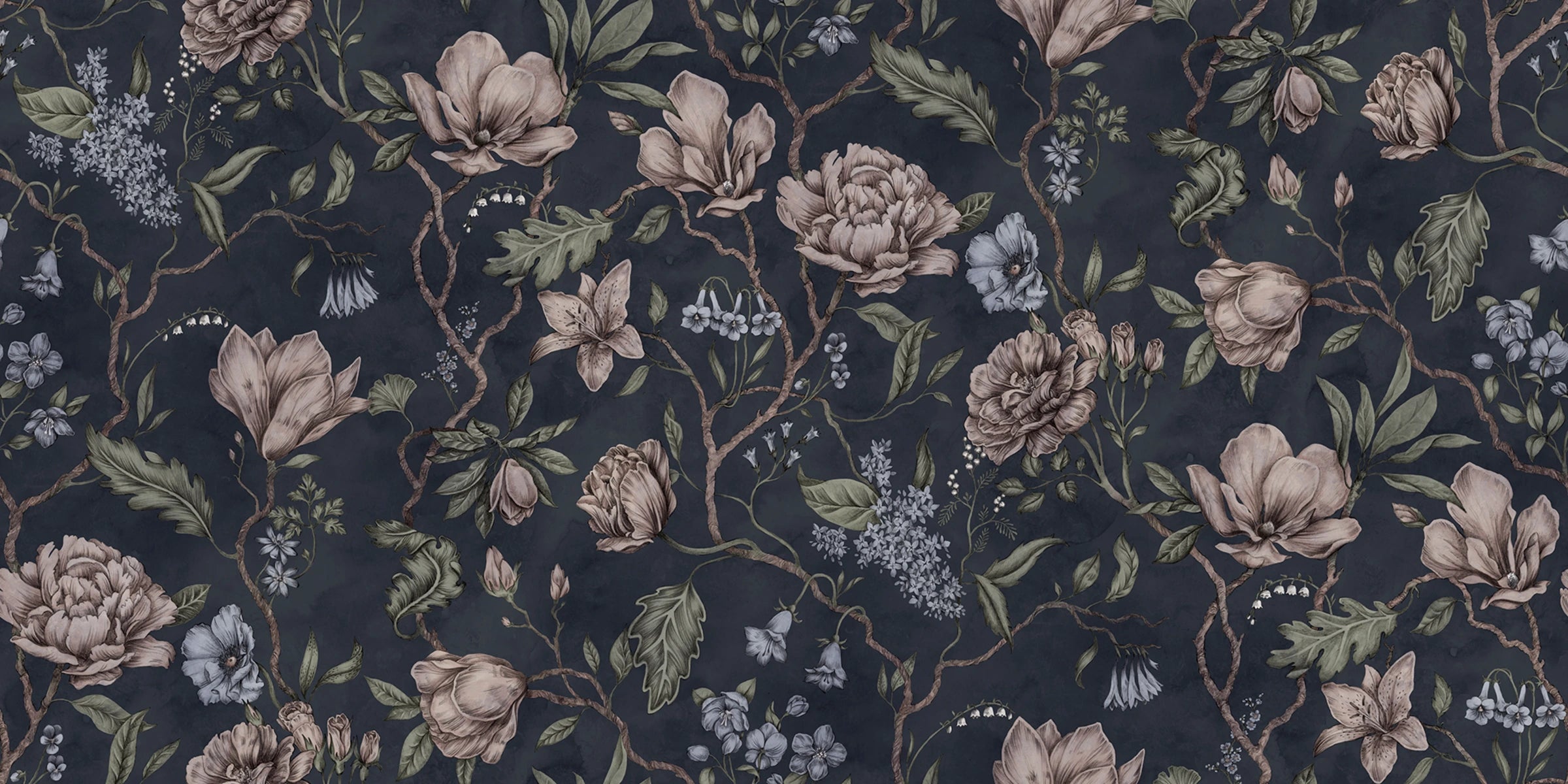 Belinda wallpaper by Sandberg – floral design, Blue – Dark Blue – flat swatch showing the repeat
