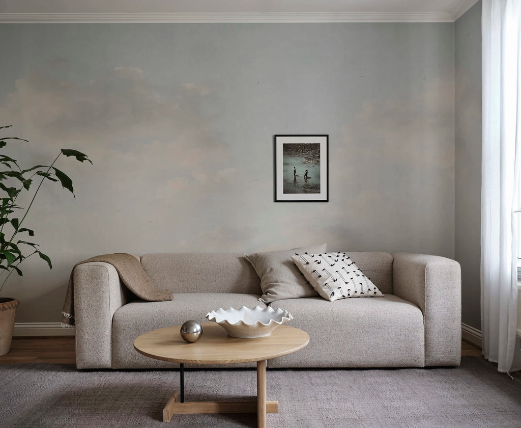 Moln wall mural by Sandberg – sky & clouds design, Light Blue – styled in a room setting