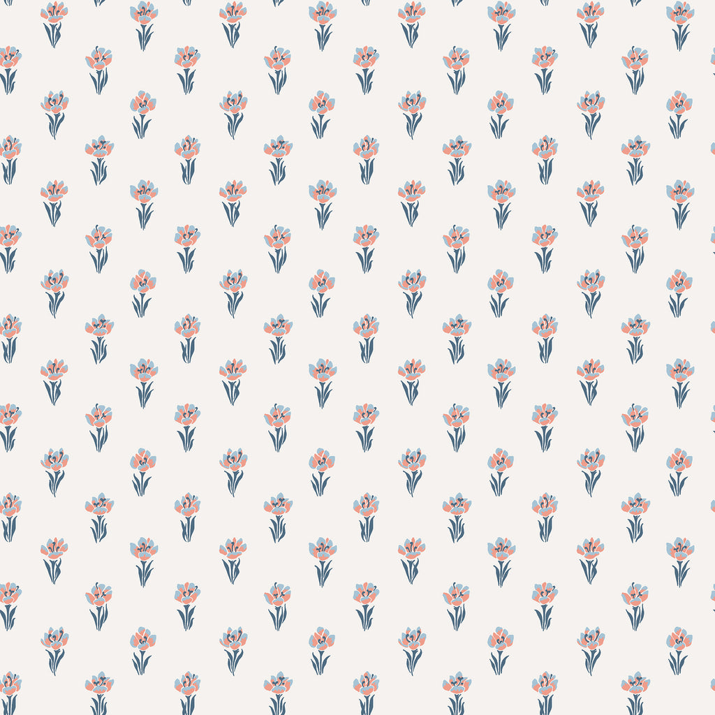 Betty wallpaper by Sandberg, flat swatch of small tossed tulip sprigs in coral and dusty blue on a soft cream ground