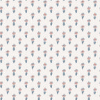 Betty wallpaper by Sandberg, flat swatch of small tossed tulip sprigs in coral and dusty blue on a soft cream ground