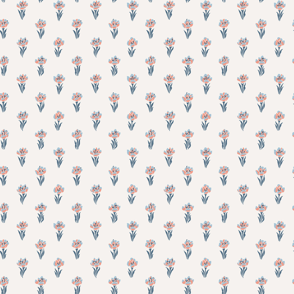 Betty wallpaper by Sandberg, flat swatch of small tossed tulip sprigs in coral and dusty blue on a soft cream ground