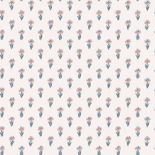Betty wallpaper by Sandberg, flat swatch of small tossed tulip sprigs in coral and dusty blue on a soft cream ground