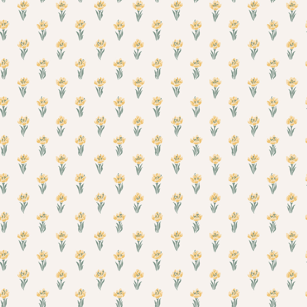 Betty wallpaper by Sandberg, flat swatch of little yellow tulip sprigs with green stems on a creamy white ground