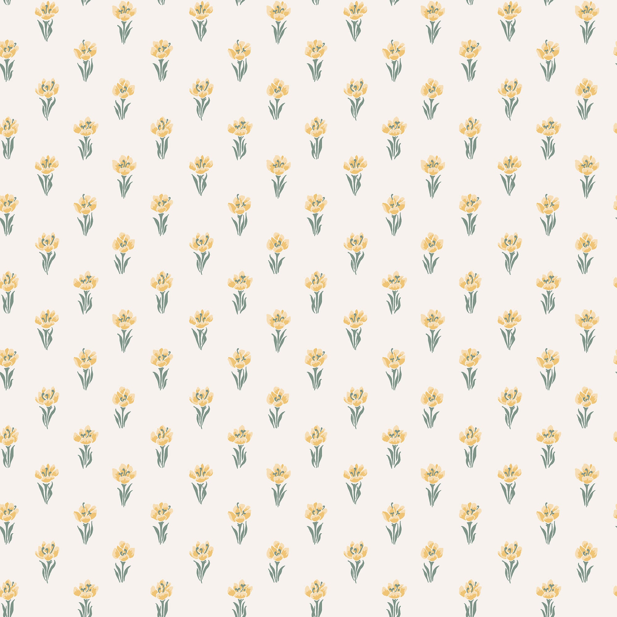 Betty wallpaper by Sandberg, flat swatch of little yellow tulip sprigs with green stems on a creamy white ground