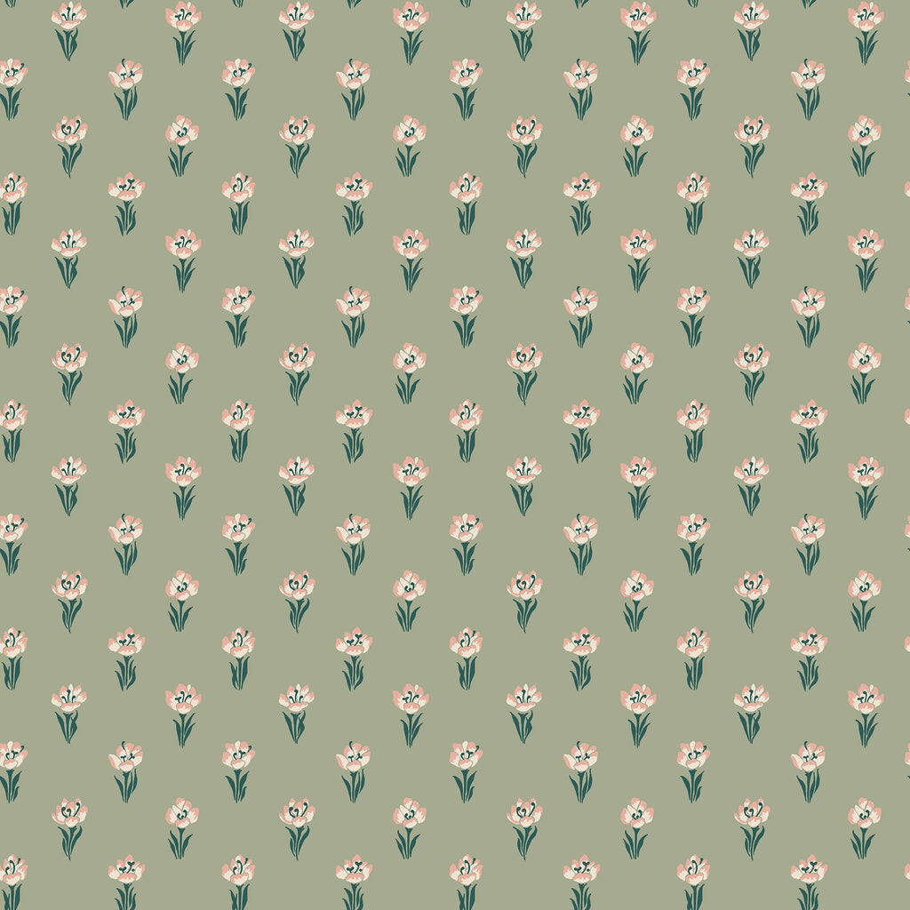 Betty wallpaper by Sandberg in sage green, flat swatch of dainty blush tulip sprigs scattered across a muted green ground