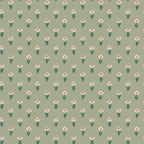Betty wallpaper by Sandberg in sage green, flat swatch of dainty blush tulip sprigs scattered across a muted green ground
