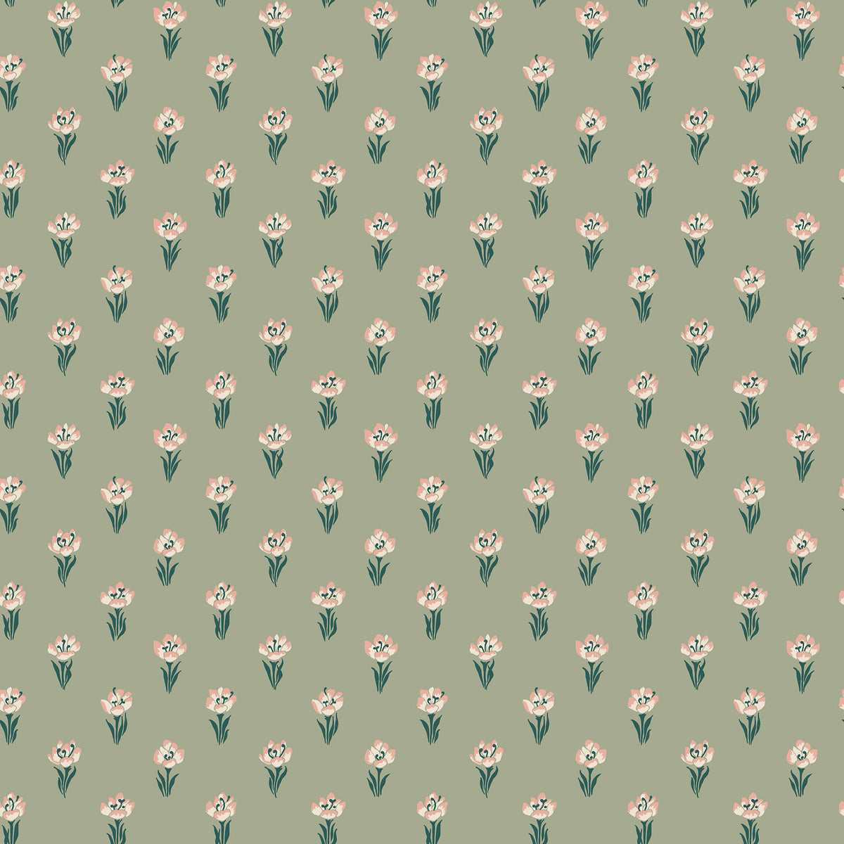 Betty wallpaper by Sandberg in sage green, flat swatch of dainty blush tulip sprigs scattered across a muted green ground