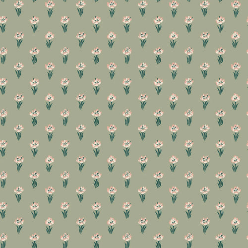 Betty wallpaper by Sandberg in sage green, flat swatch of dainty blush tulip sprigs scattered across a muted green ground