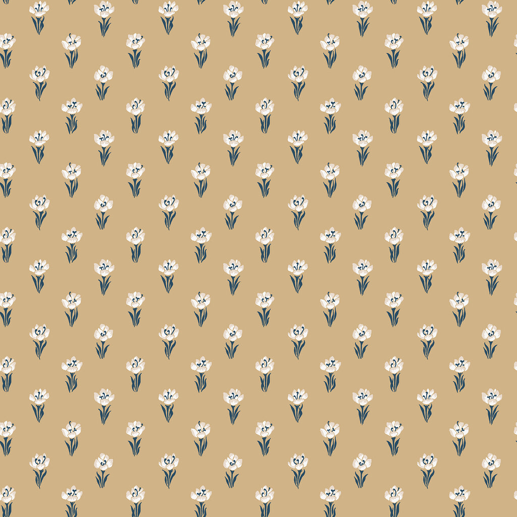 Betty wallpaper by Sandberg, flat swatch of small white tulip motifs with blue stems on a warm golden mustard ground