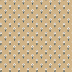 Betty wallpaper by Sandberg, flat swatch of small white tulip motifs with blue stems on a warm golden mustard ground