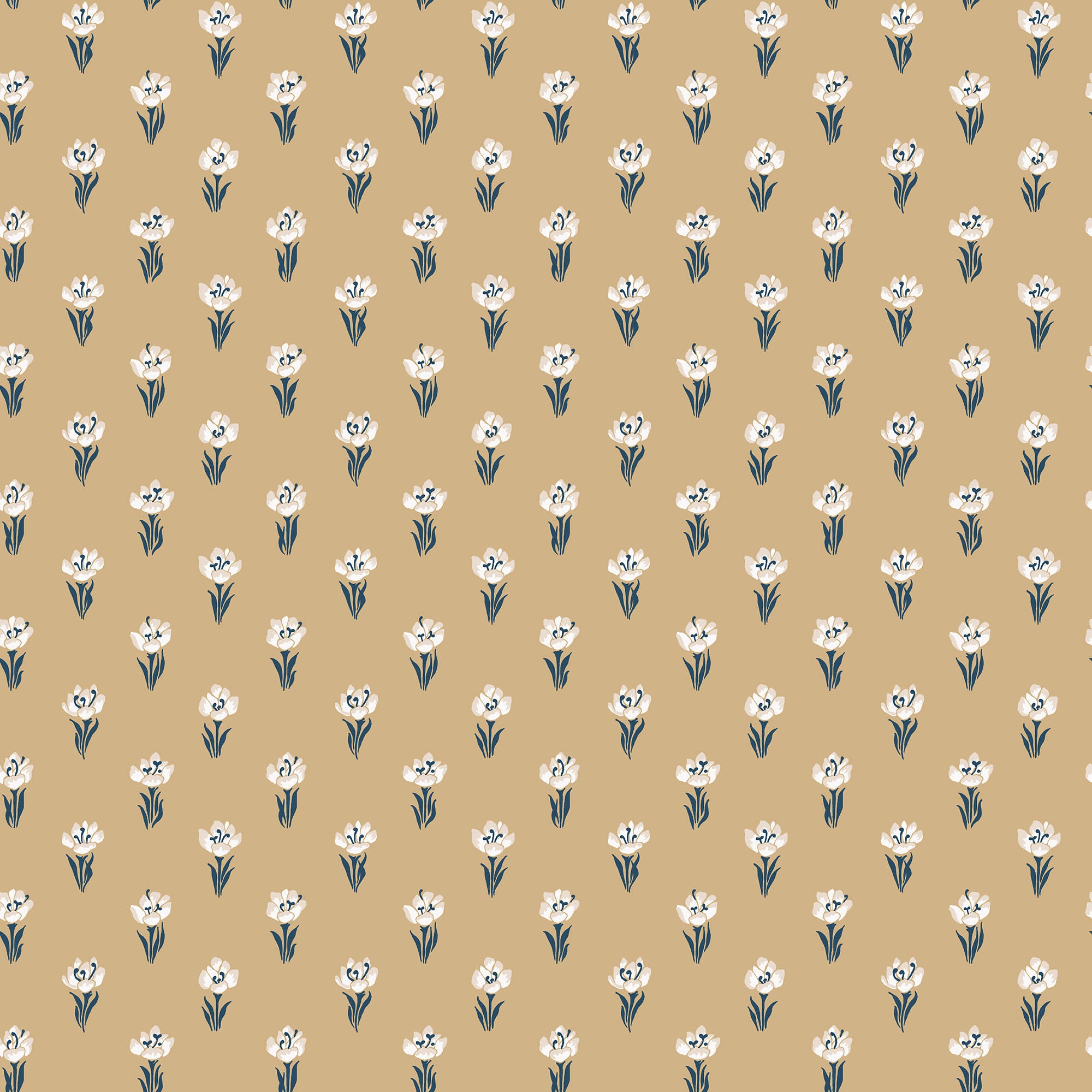 Betty wallpaper by Sandberg, flat swatch of small white tulip motifs with blue stems on a warm golden mustard ground