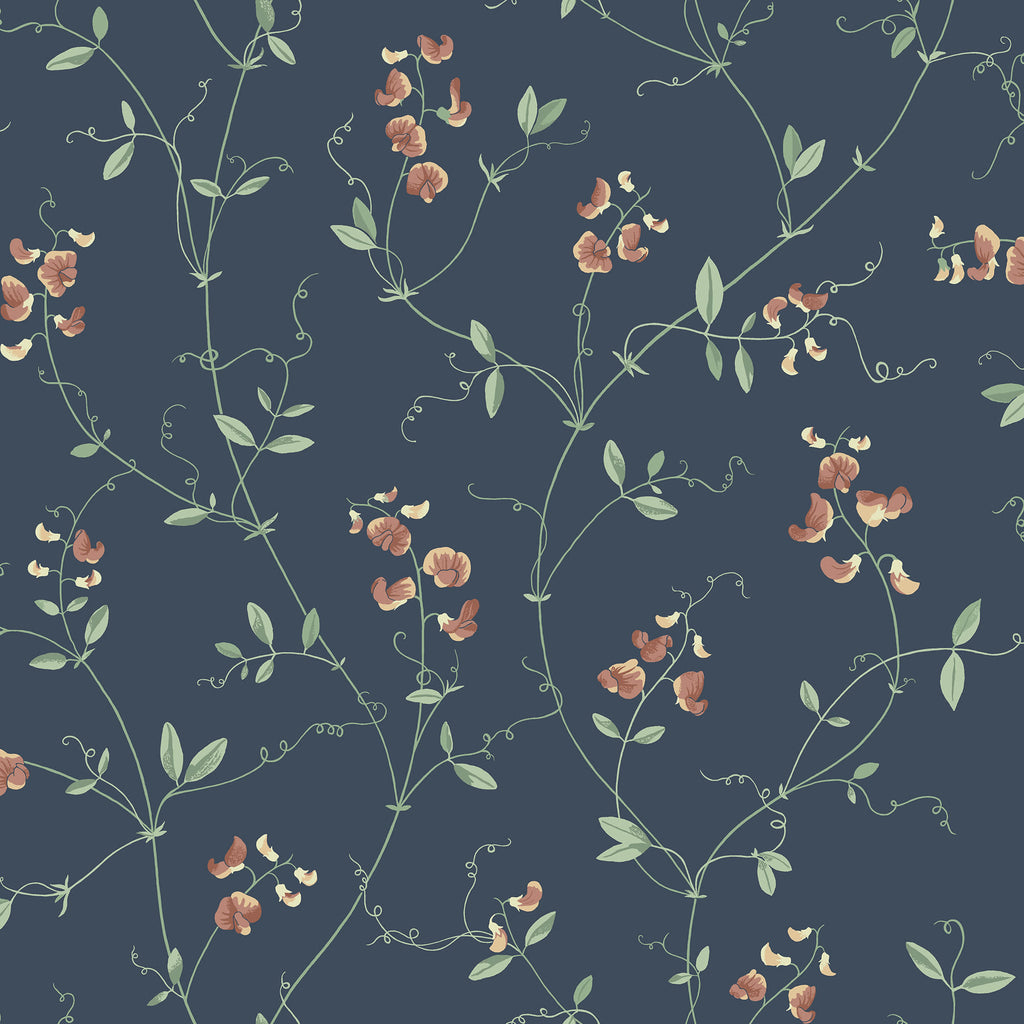 Sanna Sweet Pea wallpaper by Sandberg, navy blue ground with coral and green trailing sweet pea vines, flat swatch