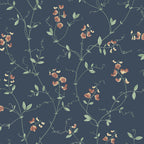 Sanna Sweet Pea wallpaper by Sandberg, navy blue ground with coral and green trailing sweet pea vines, flat swatch