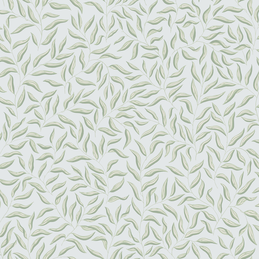 Karolina wallpaper by Sandberg, flat swatch of pale green leaves on a soft blue-grey ground