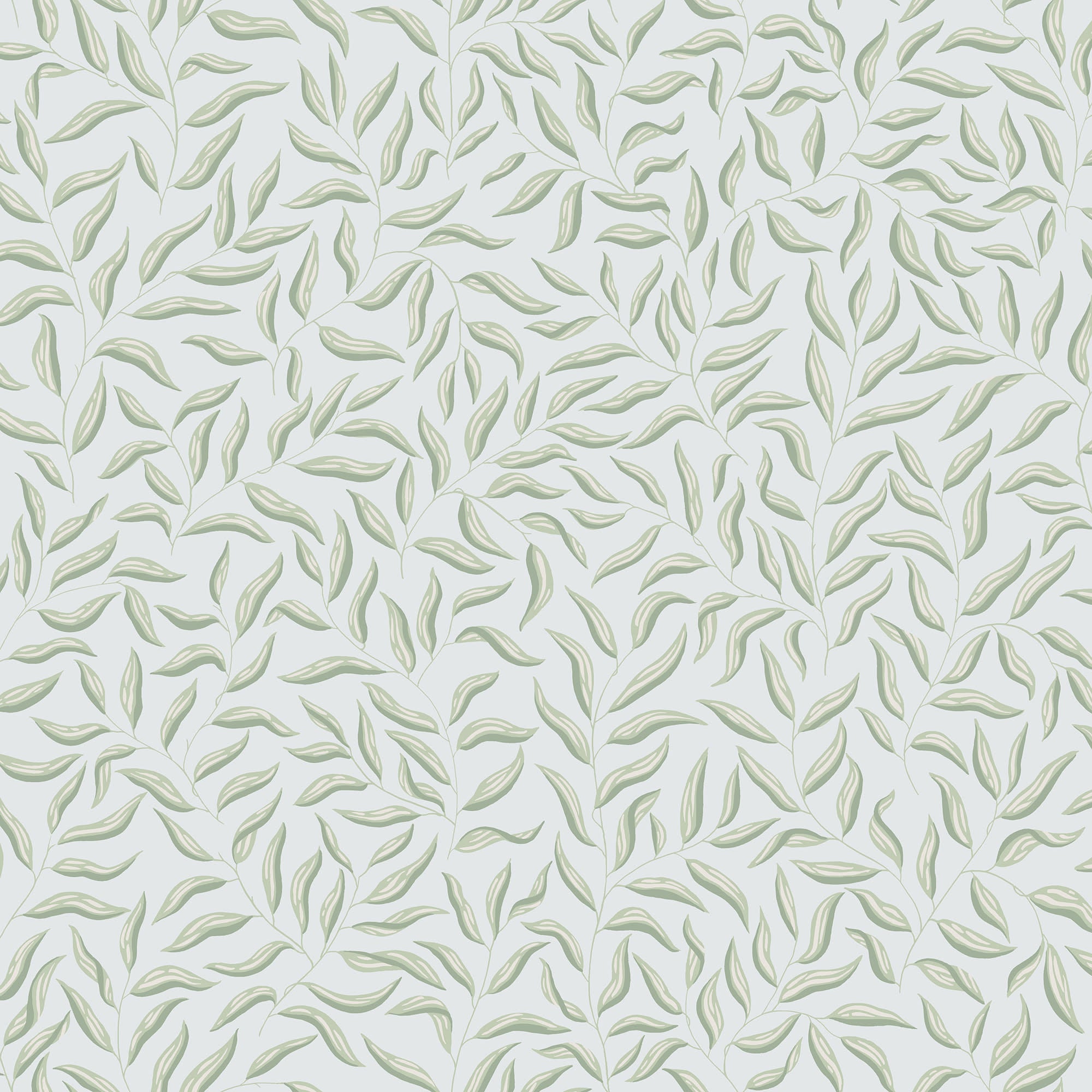 Karolina wallpaper by Sandberg, flat swatch of pale green leaves on a soft blue-grey ground