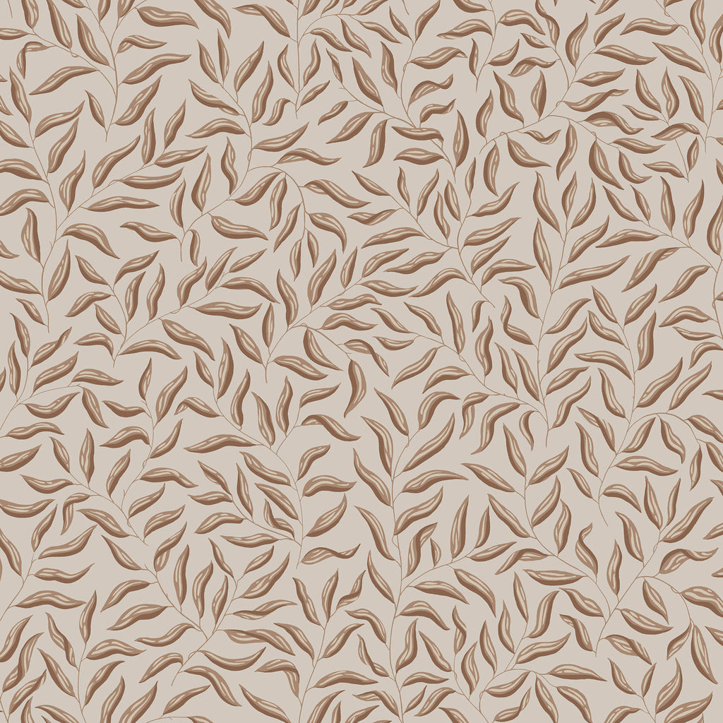 Karolina wallpaper by Sandberg, flat swatch of rust-brown leaves on a warm beige ground