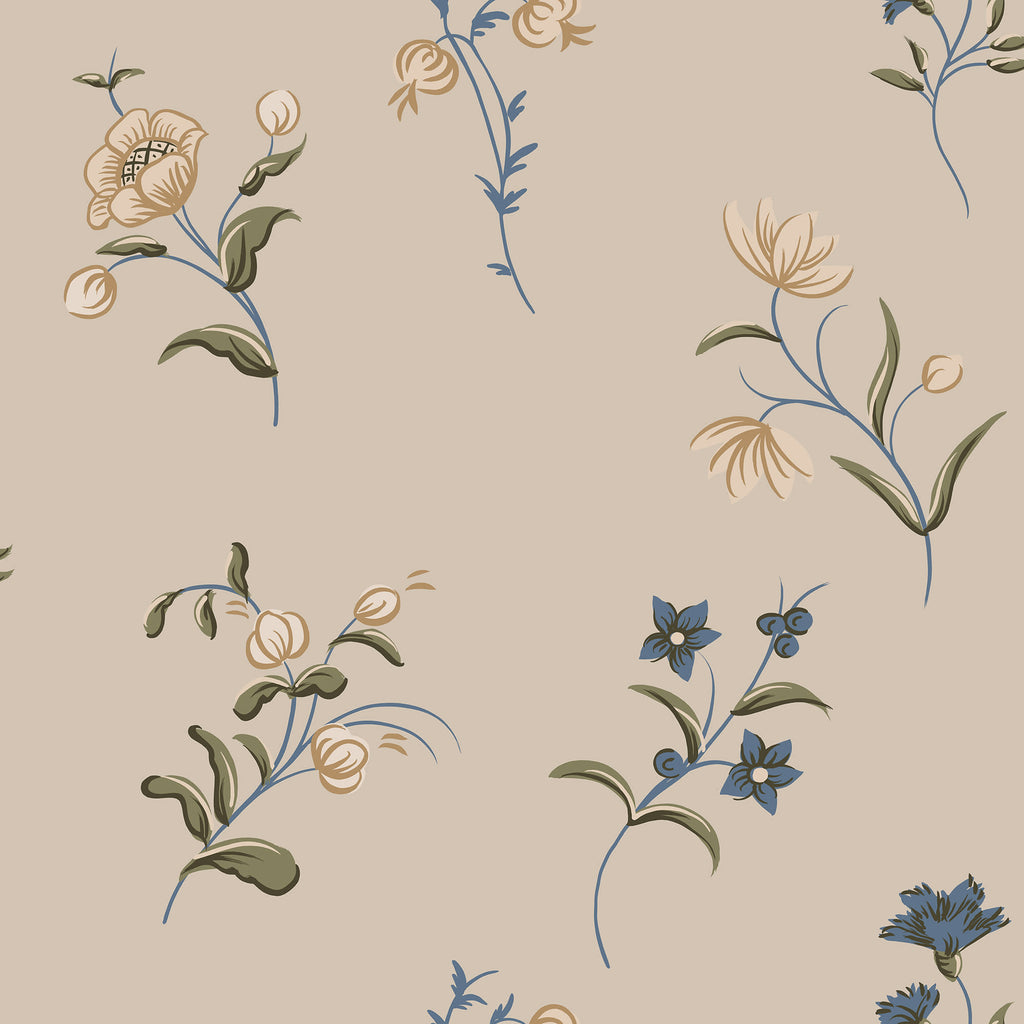 Hanna wallpaper by Sandberg, scattered wildflower sprigs in yellow, blue and green on a soft beige ground, flat swatch