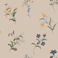 Hanna wallpaper by Sandberg, scattered wildflower sprigs in yellow, blue and green on a soft beige ground, flat swatch