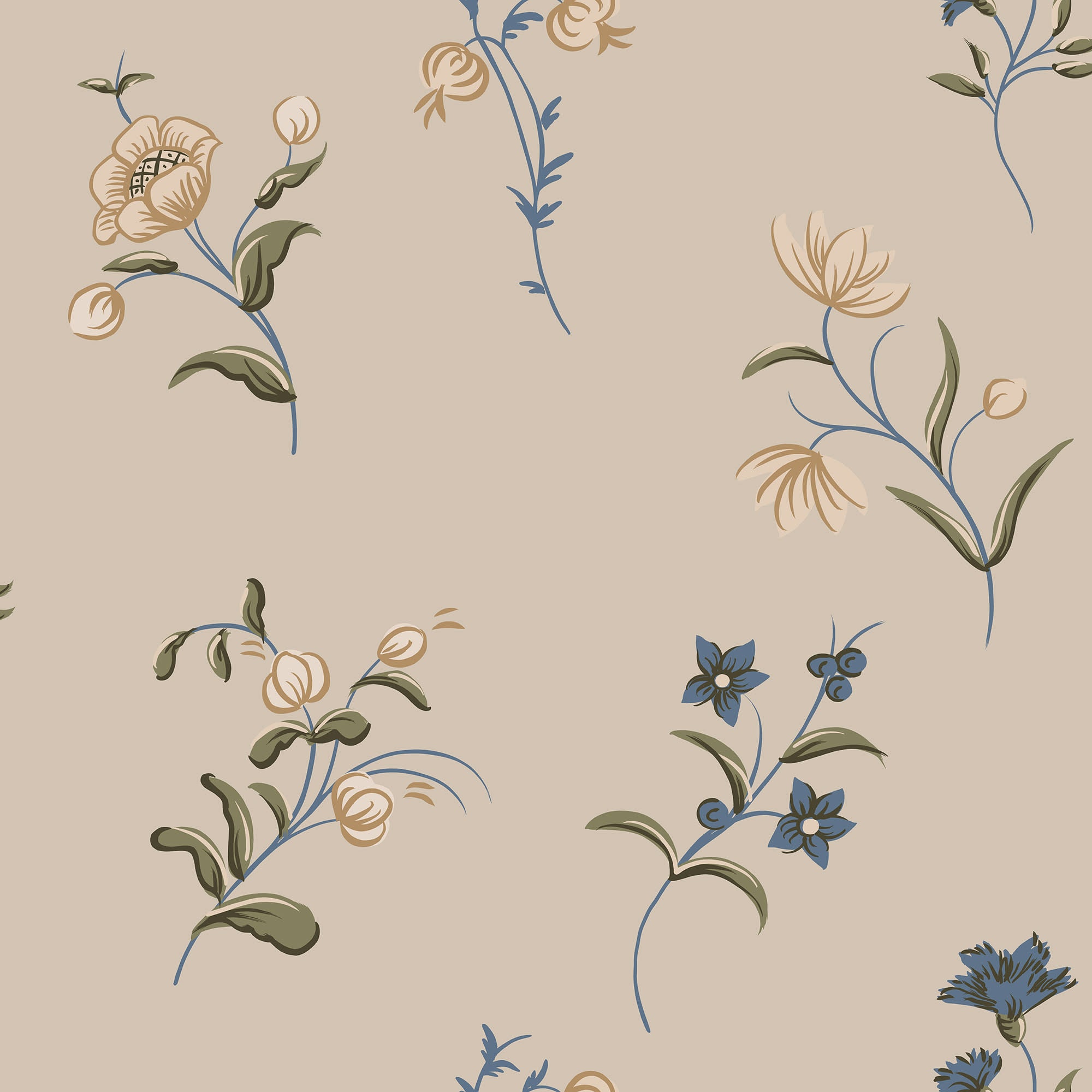 Hanna wallpaper by Sandberg, scattered wildflower sprigs in yellow, blue and green on a soft beige ground, flat swatch