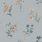 Hanna wallpaper by Sandberg, scattered wildflower sprigs in apricot and green on a dusty blue ground, flat swatch