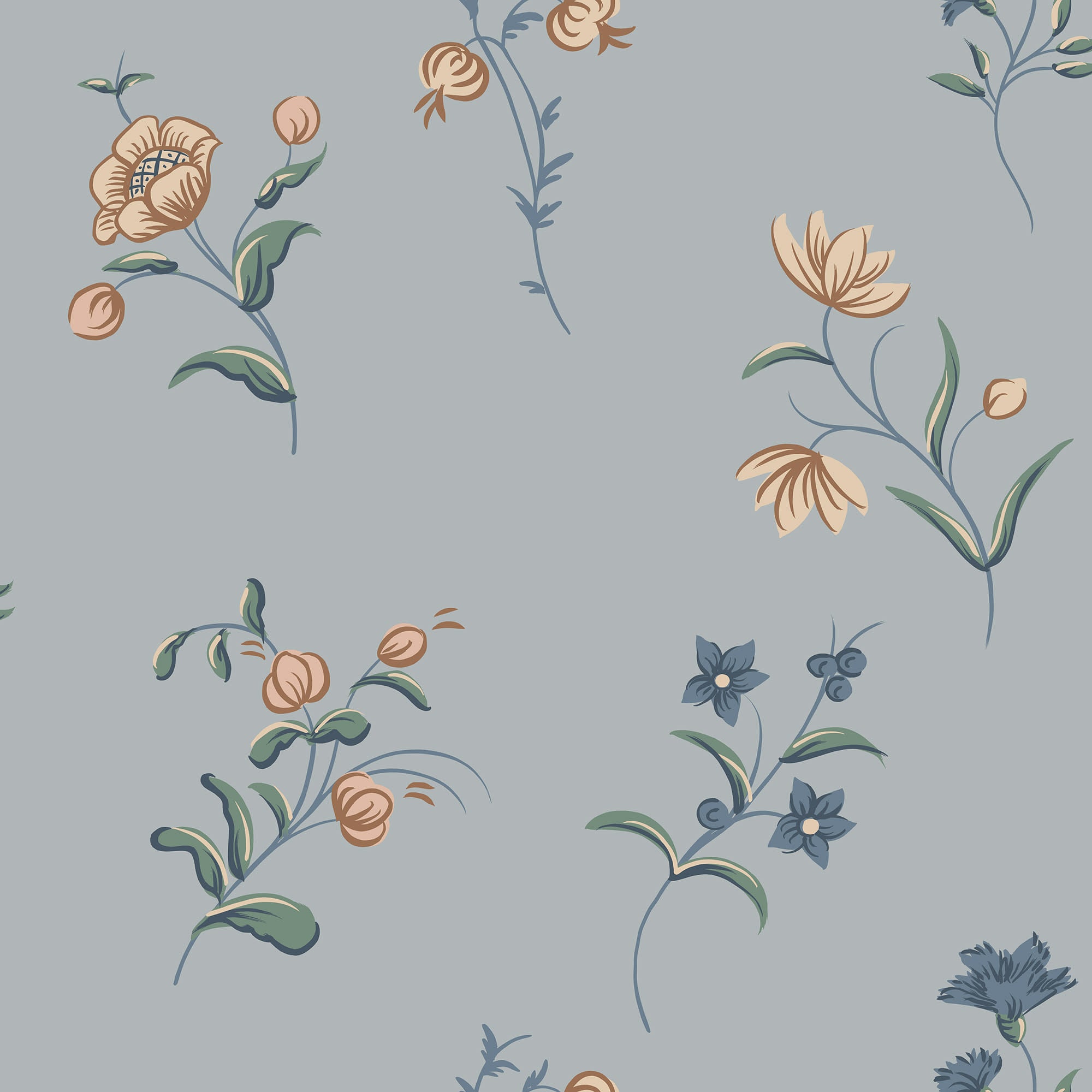 Hanna wallpaper by Sandberg, scattered wildflower sprigs in apricot and green on a dusty blue ground, flat swatch
