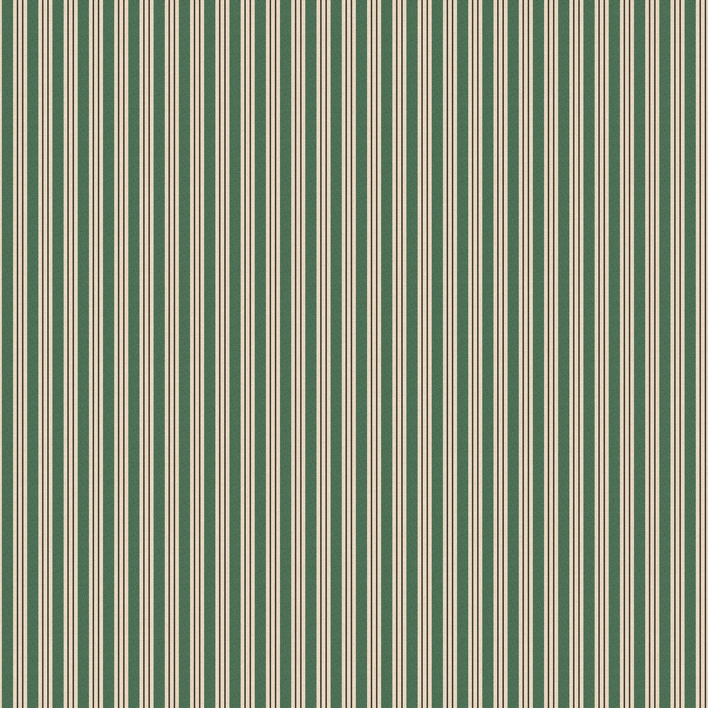 Linn wallpaper by Sandberg, flat swatch of fine vertical pinstripes in forest green on a cream ground